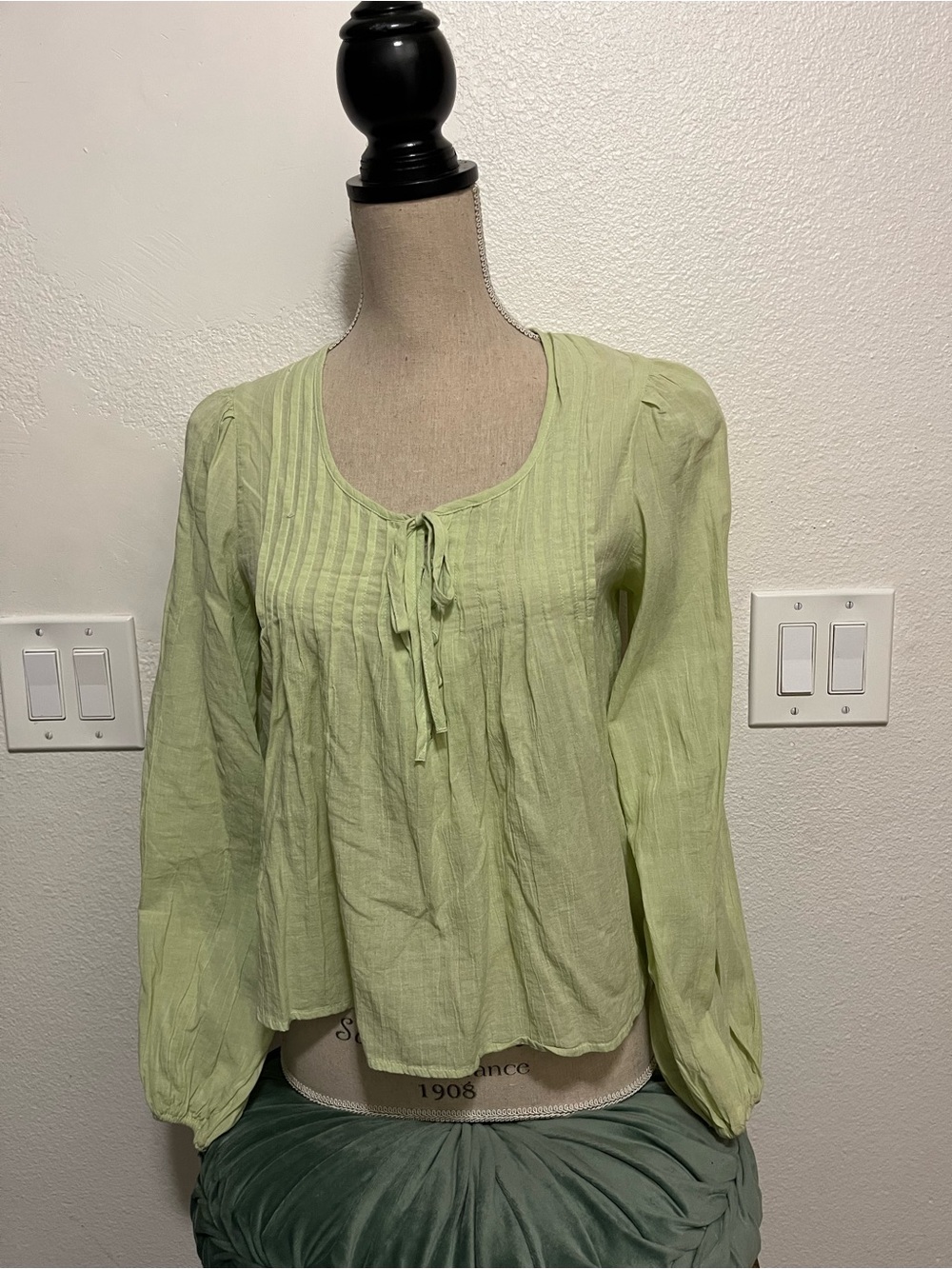 American Eagle Outfitters Light Green Tie-Front Pintuck Blouse